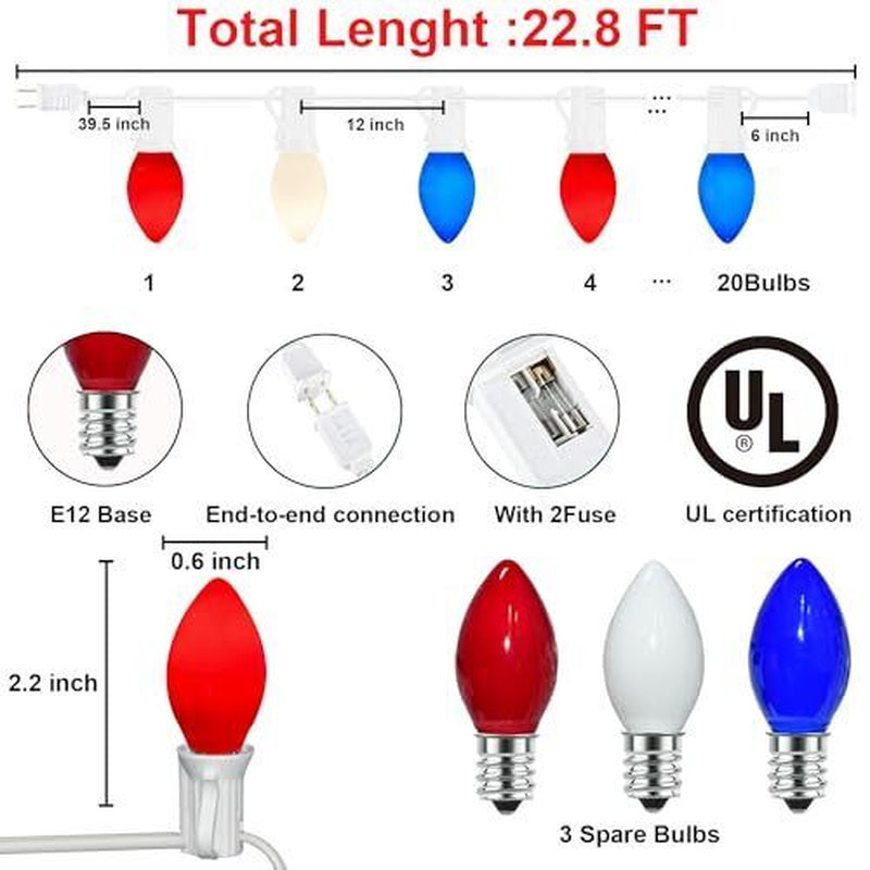 4Th of July Decor - 22.8Ft C7 Patriotic Red White and Blue Ceramic Incandescent