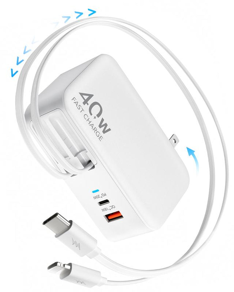 SPGUARD 4 in 1 Wall Charger with Dual USB Ports and 90Cm Lightening and Type-C Cables, 40W Fast Charging Foldable Block Compatible with Ipad,Iphone 16/15, Airpods,Galaxy, Pixel, and More
