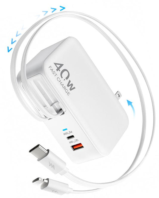 SPGUARD 4 in 1 Wall Charger with Dual USB Ports and 90Cm Lightening and Type-C Cables, 40W Fast Charging Foldable Block Compatible with Ipad,Iphone 16/15, Airpods,Galaxy, Pixel, and More