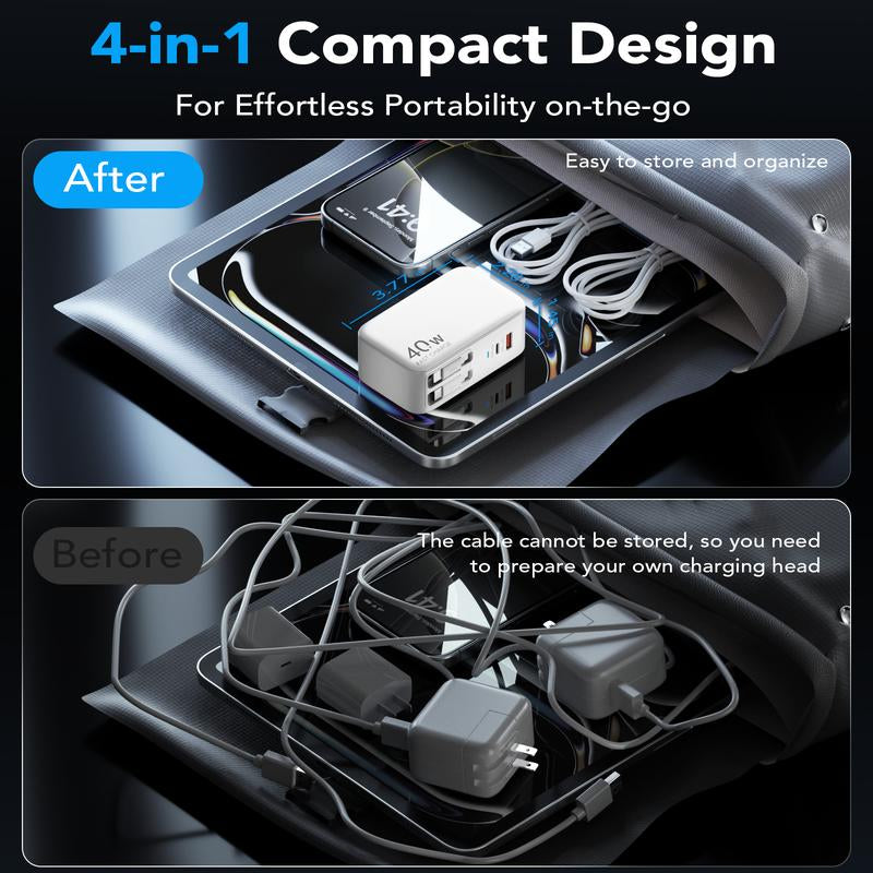 SPGUARD 4 in 1 Wall Charger with Dual USB Ports and 90Cm Lightening and Type-C Cables, 40W Fast Charging Foldable Block Compatible with Ipad,Iphone 16/15, Airpods,Galaxy, Pixel, and More