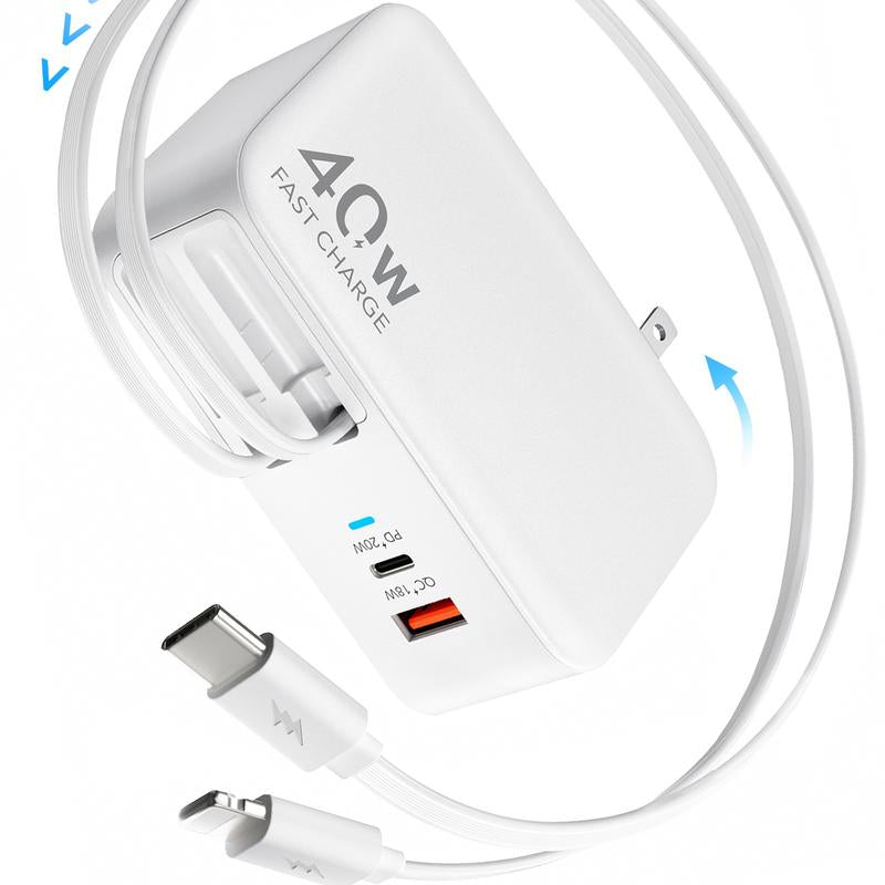 SPGUARD 4 in 1 Wall Charger with Dual USB Ports and 90Cm Lightening and Type-C Cables, 40W Fast Charging Foldable Block Compatible with Ipad,Iphone 16/15, Airpods,Galaxy, Pixel, and More