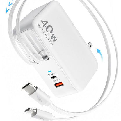 SPGUARD 4 in 1 Wall Charger with Dual USB Ports and 90Cm Lightening and Type-C Cables, 40W Fast Charging Foldable Block Compatible with Ipad,Iphone 16/15, Airpods,Galaxy, Pixel, and More