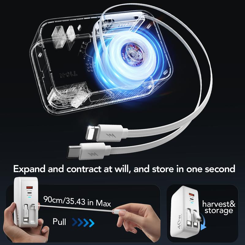 SPGUARD 4 in 1 Wall Charger with Dual USB Ports and 90Cm Lightening and Type-C Cables, 40W Fast Charging Foldable Block Compatible with Ipad,Iphone 16/15, Airpods,Galaxy, Pixel, and More